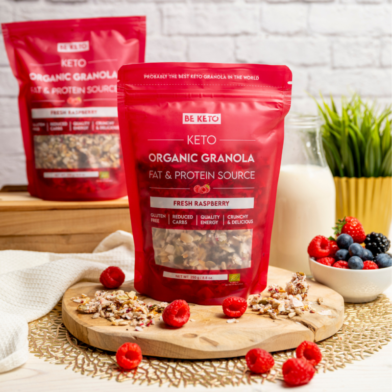 Keto Bio Granola - Kakao s Čokoládovými Kousky 250g Keto Bio Granola - Čerstvé Maliny 250g