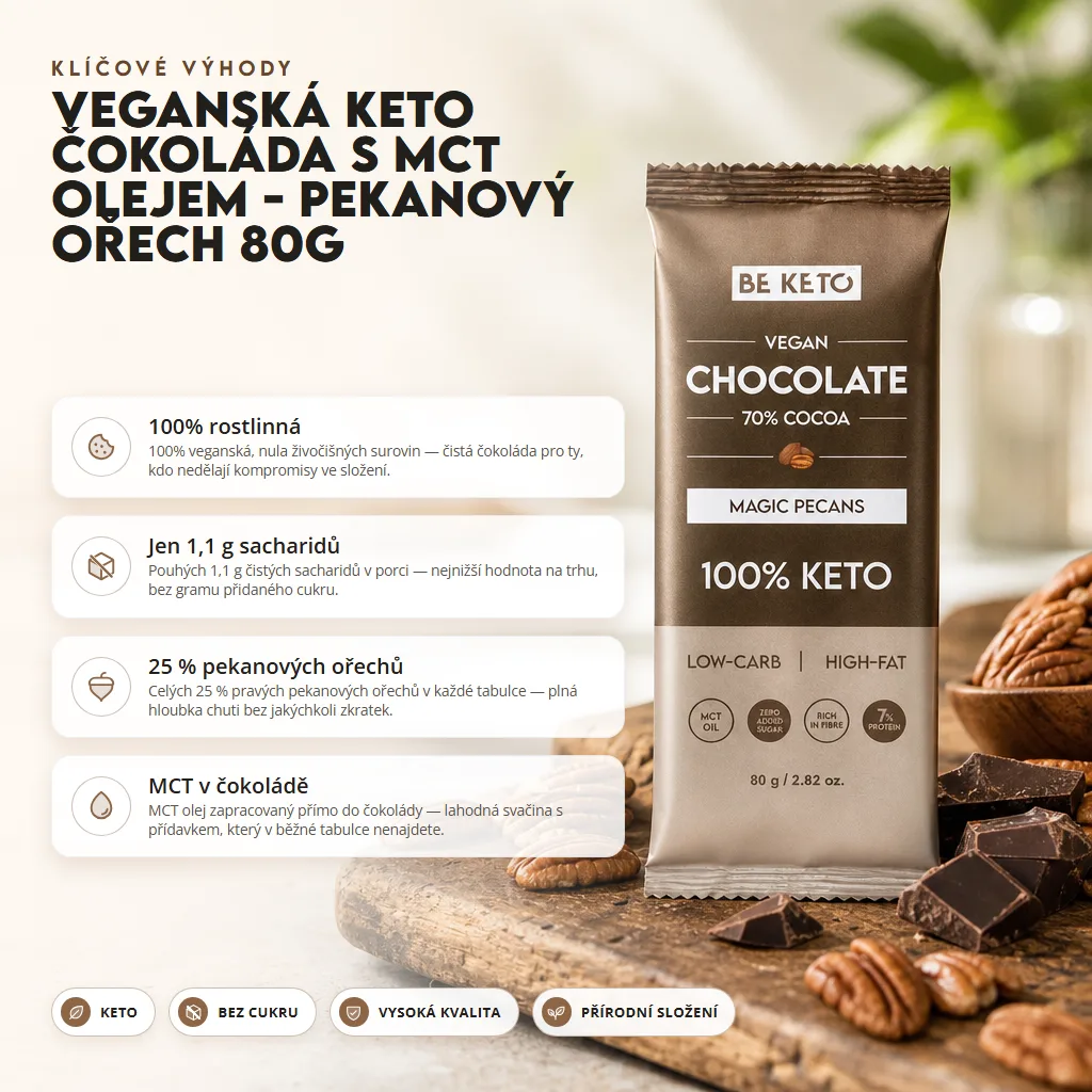 Veganská Keto Čokoláda + MCT Olej – Pekanové Ořechy 80g