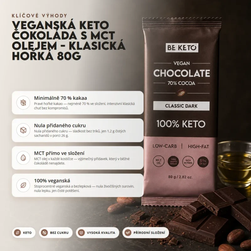 Veganská Keto Čokoláda + MCT Olej – Klasická Tmavá 80g