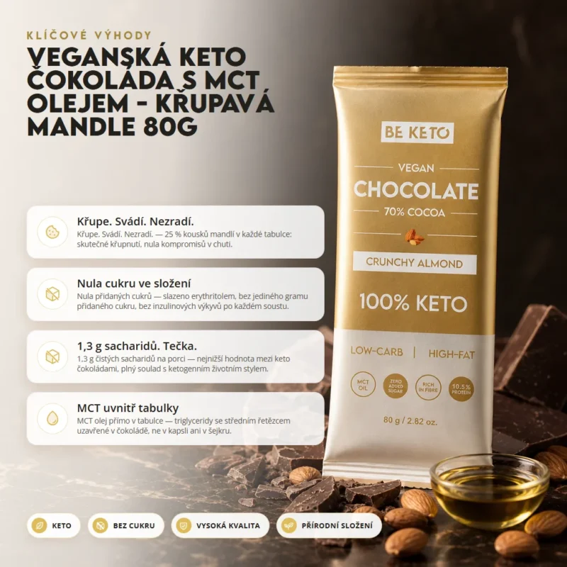 Veganská Keto Čokoláda + MCT Olej – Křupavé Mandle 80g