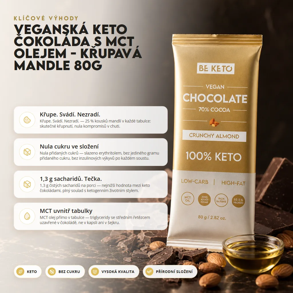 Veganská Keto Čokoláda + MCT Olej – Křupavé Mandle 80g