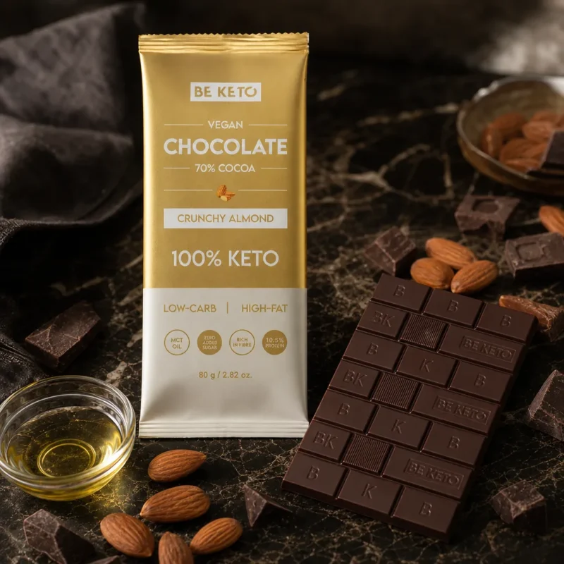 Veganská Keto Čokoláda + MCT Olej – Křupavé Mandle 80g