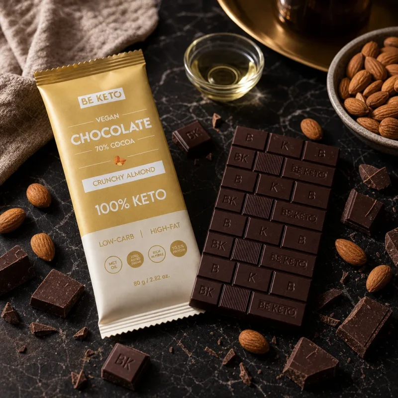 Veganská Keto Čokoláda + MCT Olej – Křupavé Mandle 80g