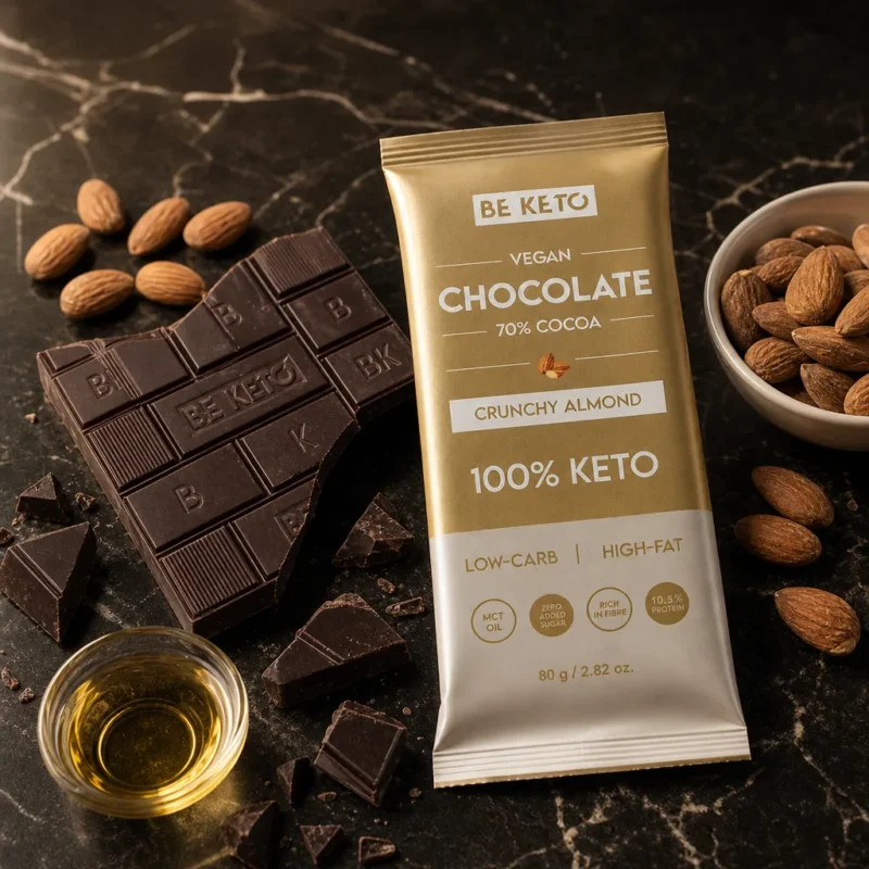 Veganská Keto Čokoláda + MCT Olej – Křupavé Mandle 80g