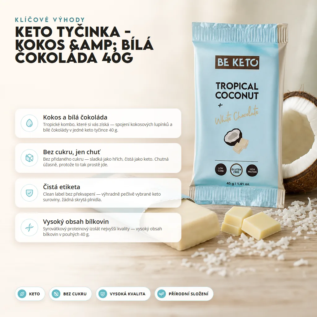 Keto Tyčinka – Kokos a Bílá Čokoláda 40g