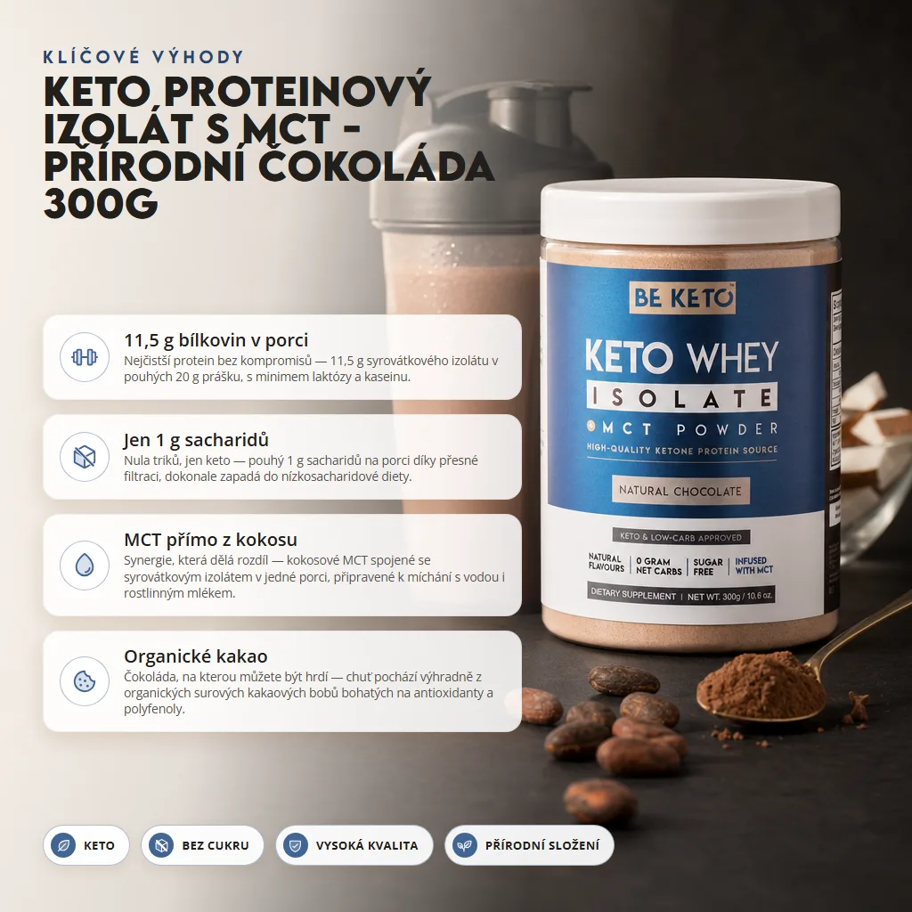 Keto Syrovátkový Izolát + MCT – Přírodní Čokoláda 300G