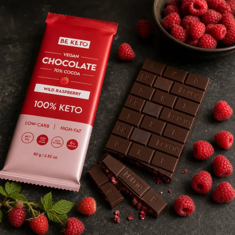 Veganská Keto Čokoláda + MCT Olej – Divoká Malina 80g