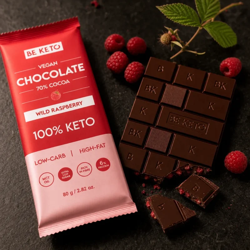 Veganská Keto Čokoláda + MCT Olej – Divoká Malina 80g