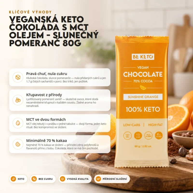 Veganská Keto Čokoláda + MCT Olej – Slunečný Pomeranč 80g – Benefit Veganská Keto Čokoláda + MCT Olej – Slunečný Pomeranč 80g