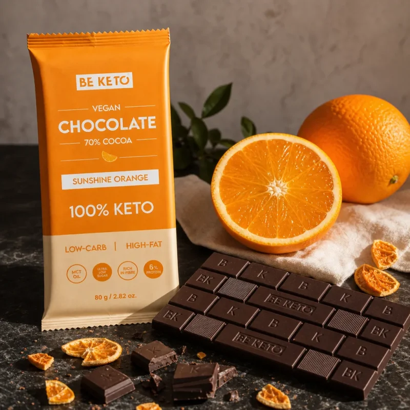 Veganská Keto Čokoláda + MCT Olej – Slunečný Pomeranč 80g – Lifestyle 1 Veganská Keto Čokoláda + MCT Olej – Slunečný Pomeranč 80g