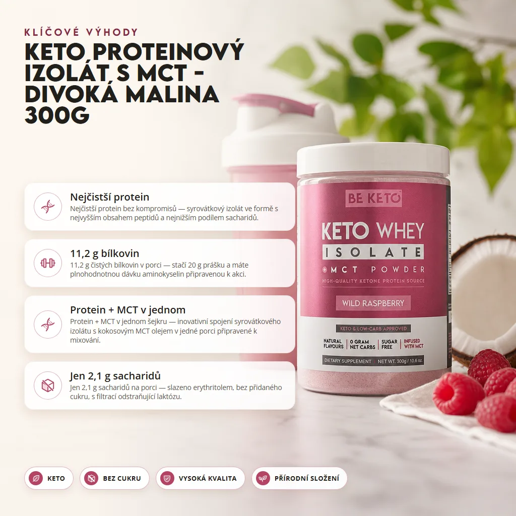 Keto Syrovátkový Izolát + MCT – Divoká malina 300G