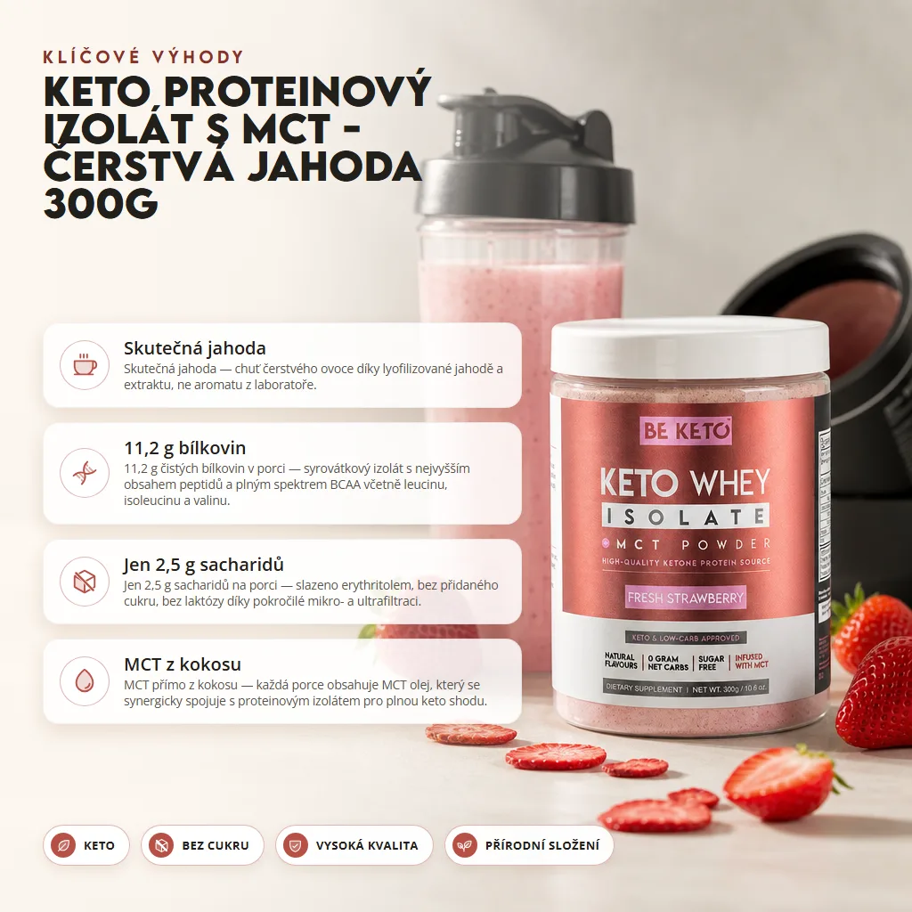 Keto Syrovátkový Izolát + MCT – Čerstvé Jahody 300G