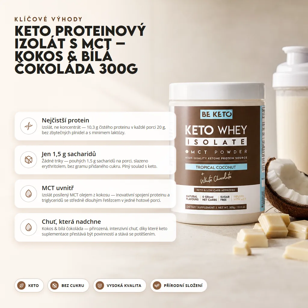Keto Syrovátkový Izolát + MCT – Kokos a Bílá Čokoláda 300G