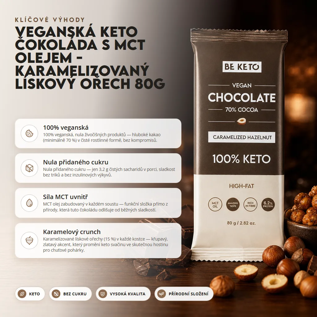 Veganská Keto Čokoláda + MCT Olej – Karamelizovaný Lískový Oříšek 80g