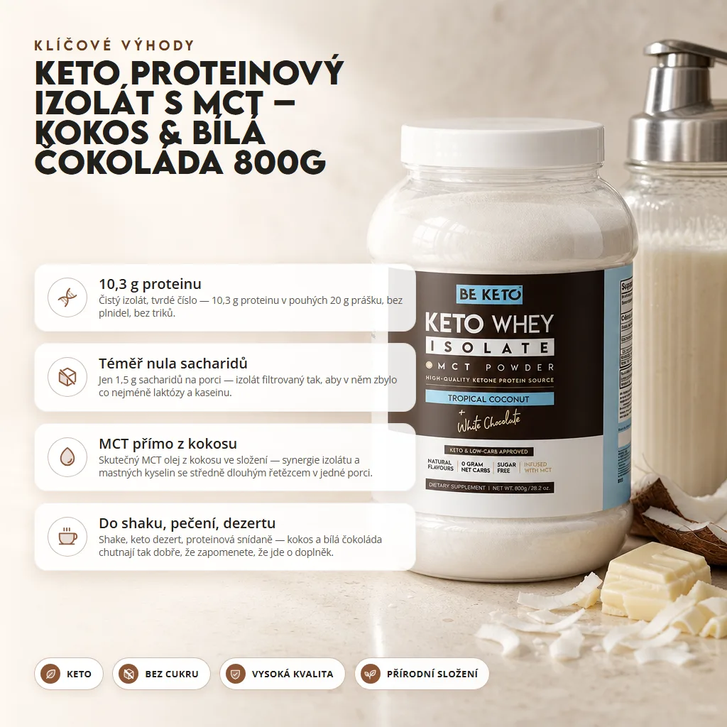 Keto Syrovátkový Izolát + MCT – Kokos a Bílá Čokoláda 800g