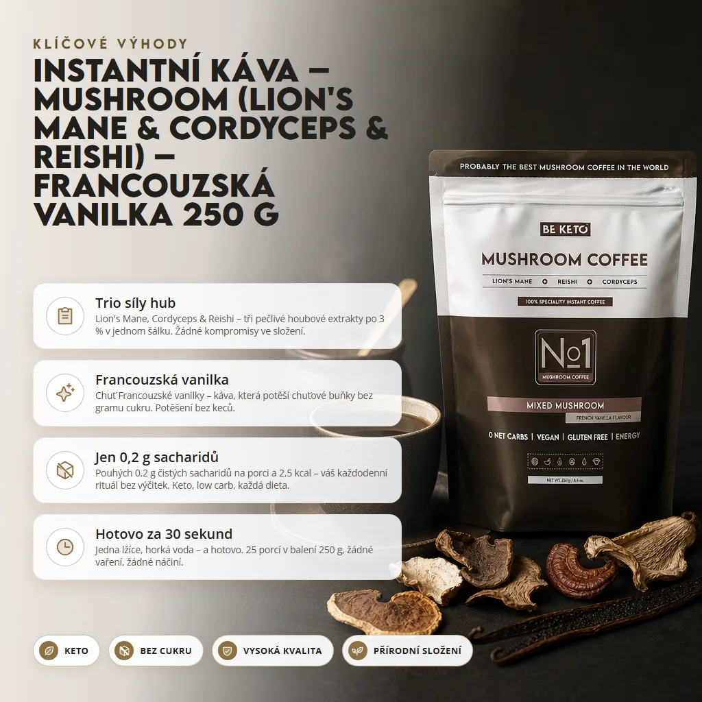 Instantní Káva – Mushroom (Lion’s Mane & Cordyceps & Reishi) – Francouzská Vanilka 250g