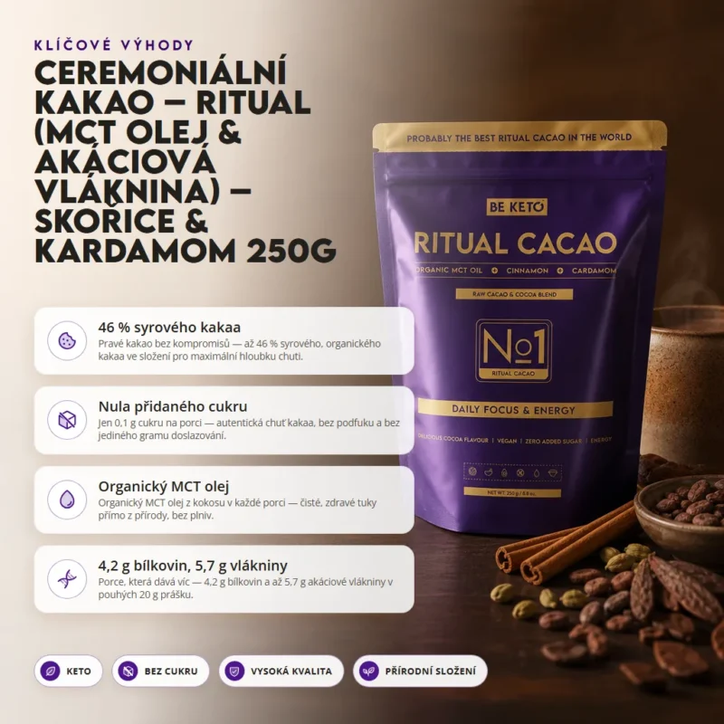 Ceremoniální Kakao – Ritual (MCT olej & Akáciová vláknina) – Skořice & Kardamom 250g