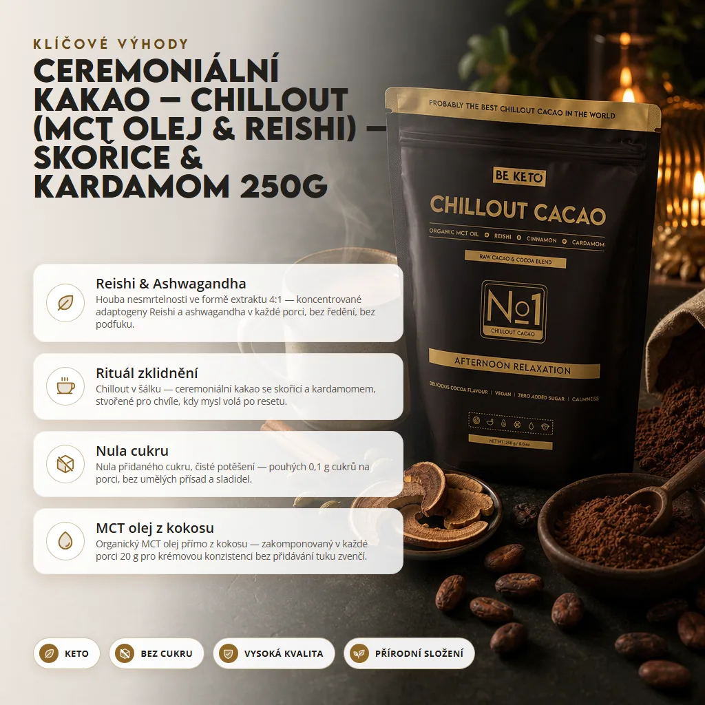 Ceremoniální Kakao – Chillout (MCT olej & Reishi) – Skořice & Kardamom 250g