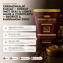 Ceremoniální Kakao – Energy (MCT olej & Lion’s Mane & Cordyceps) – Skořice & Kardamom 250g