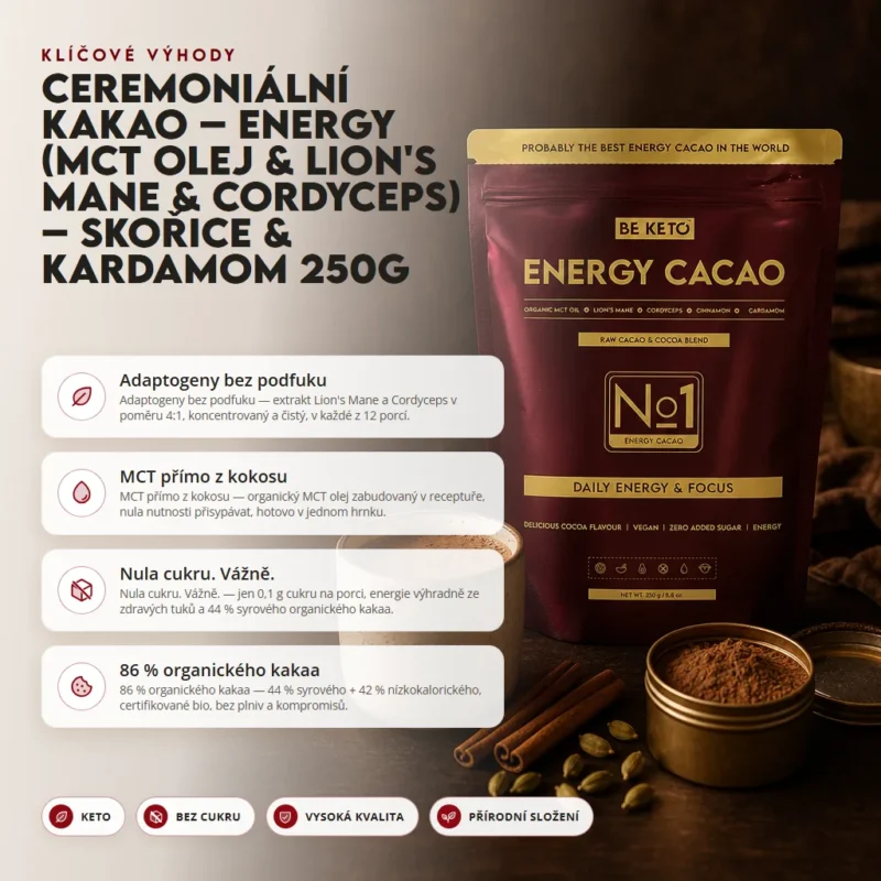 Ceremoniální Kakao – Energy (MCT olej & Lion’s Mane & Cordyceps) – Skořice & Kardamom 250g