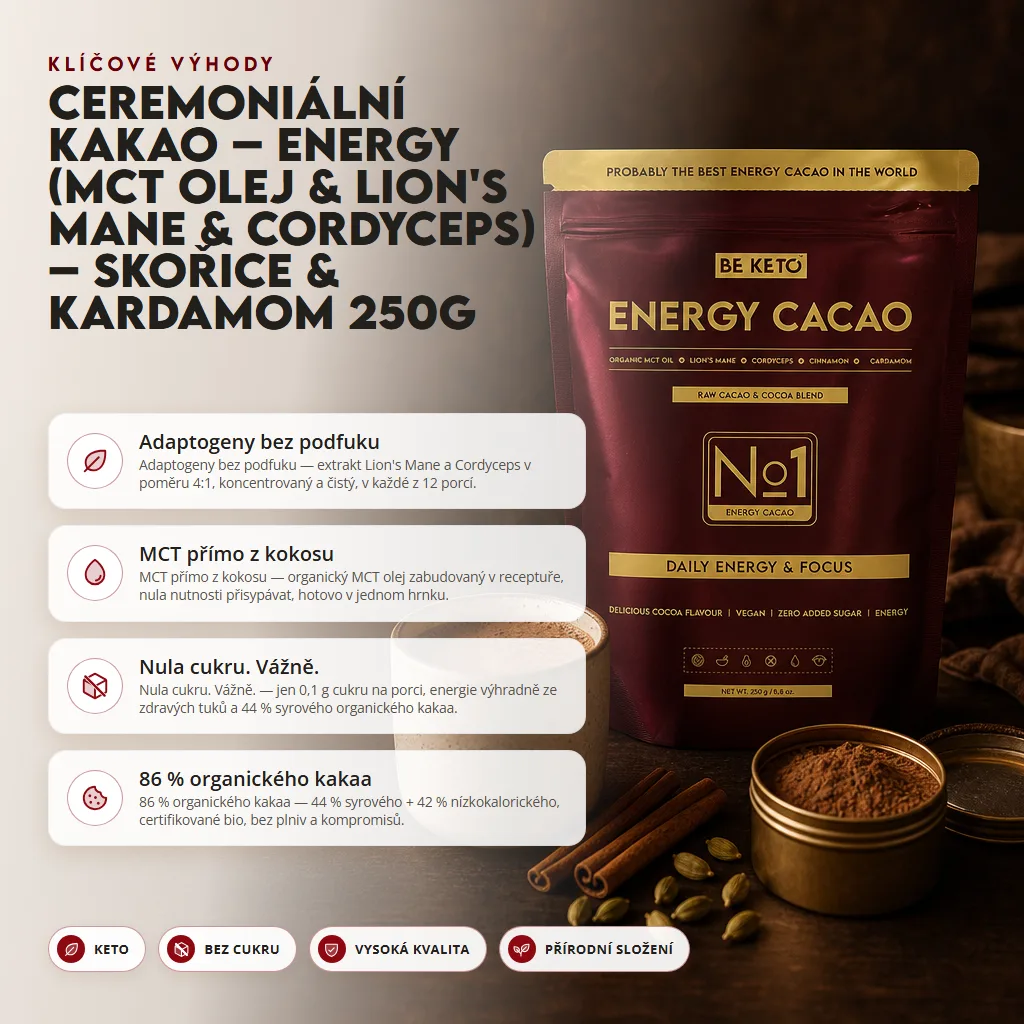 Ceremoniální Kakao – Energy (MCT olej & Lion’s Mane & Cordyceps) – Skořice & Kardamom 250g