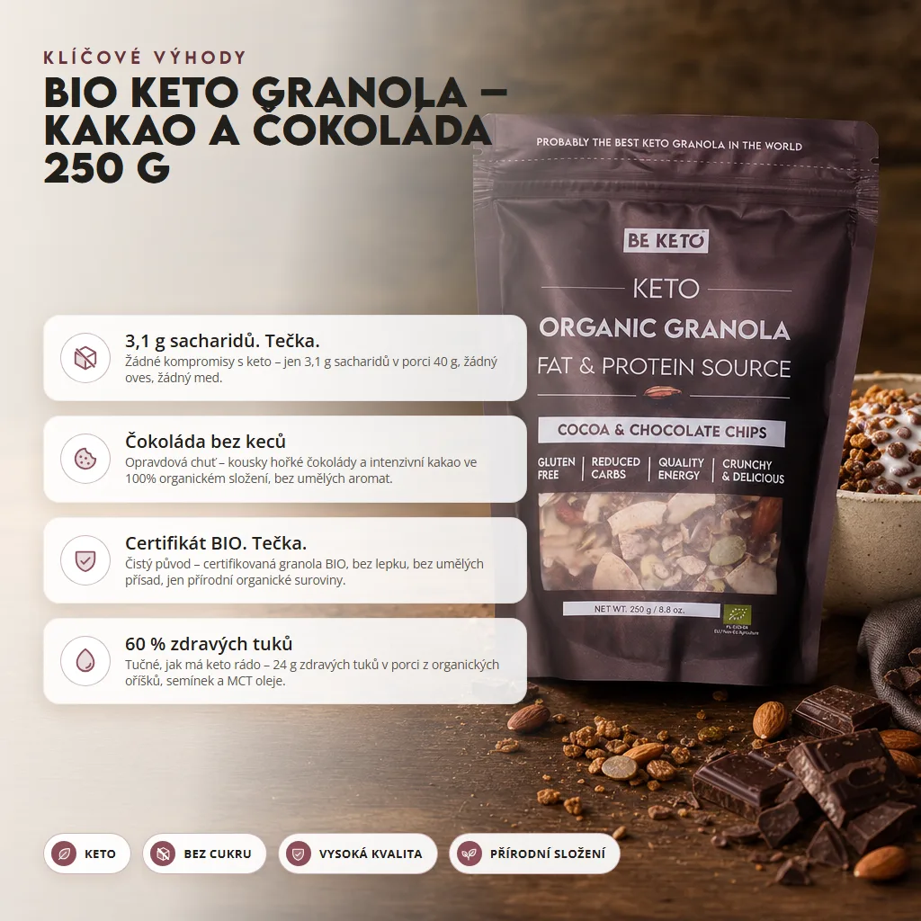 Keto Bio Granola – Kakao s Čokoládovými Kousky 250g
