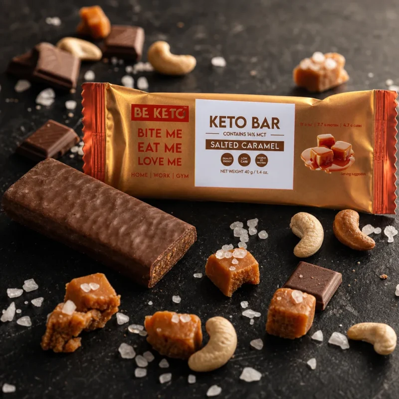 Keto Tyčinka – Slaný Karamel v Čokoládě 40g – Lifestyle 1 Keto Tyčinka – Slaný Karamel v Čokoládě 40g