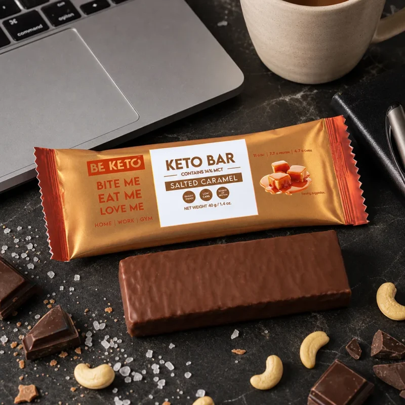 Keto Tyčinka – Slaný Karamel v Čokoládě 40g – Lifestyle 2 Keto Tyčinka – Slaný Karamel v Čokoládě 40g